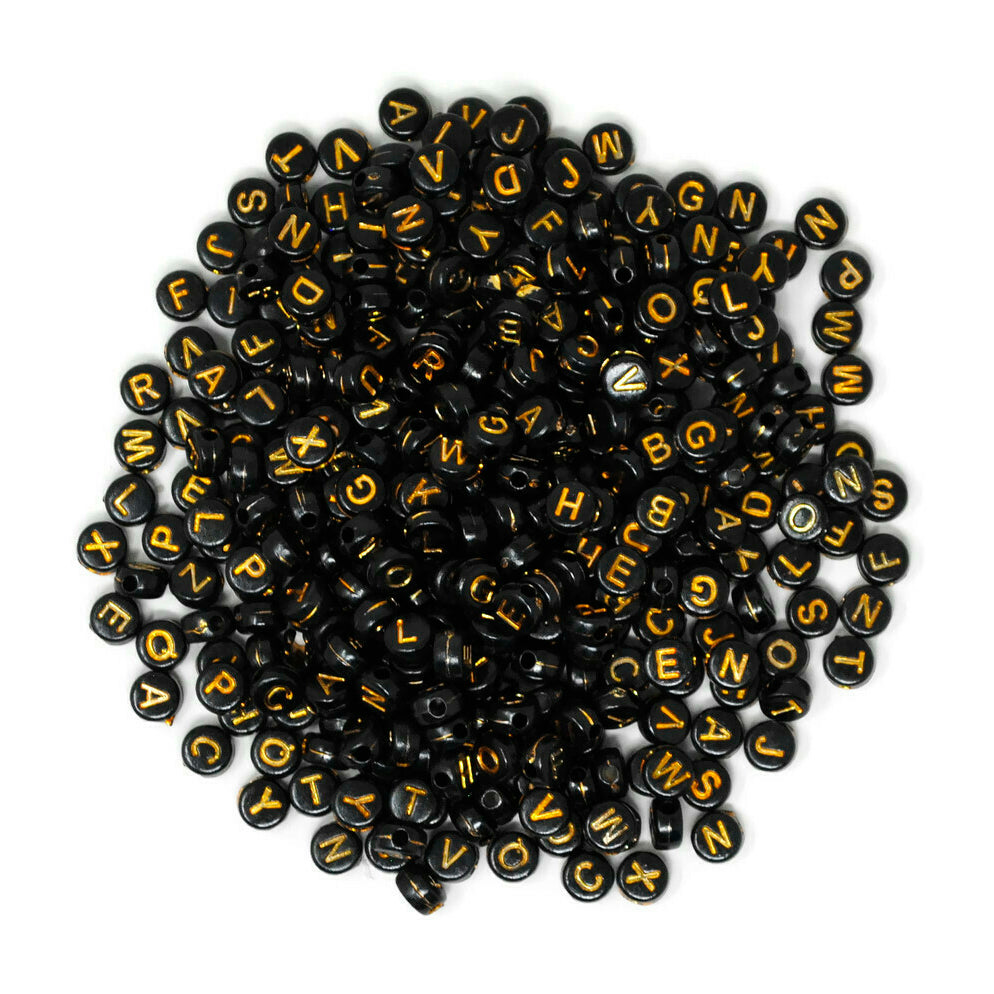 400 Cuentas de Acrílico Negras con Letras Doradas Para Pulseras, Bisutería y Manualidades 🖤✨🔤🎨