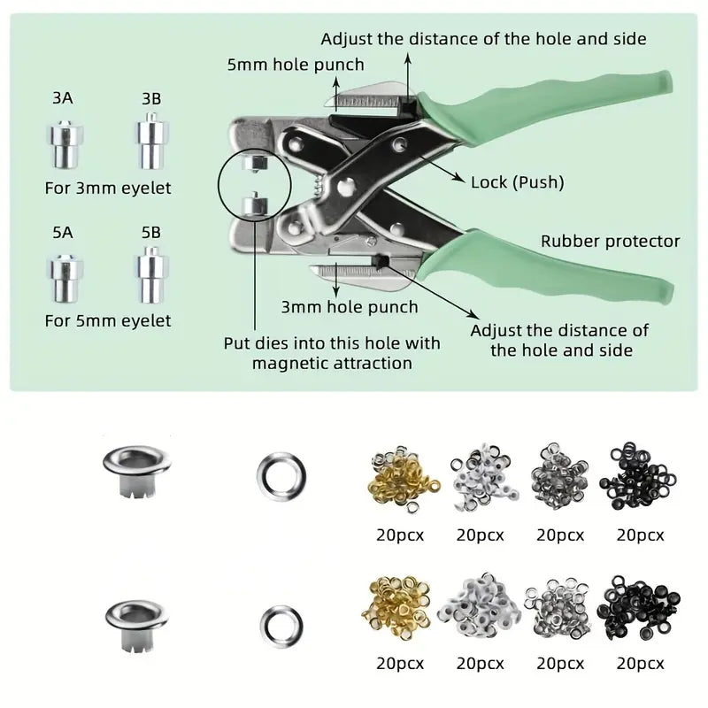 Pinza Perforadora para Ojales Multitamaño + 160 Ojillos – Incluye Caja y Dados Magnéticos ✂️🧰