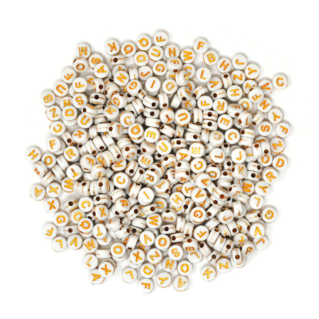 400 Cuentas de Acrílico Blancas con Letras Doradas Para Pulseras, Bisutería y Manualidades 🤍🔤✨