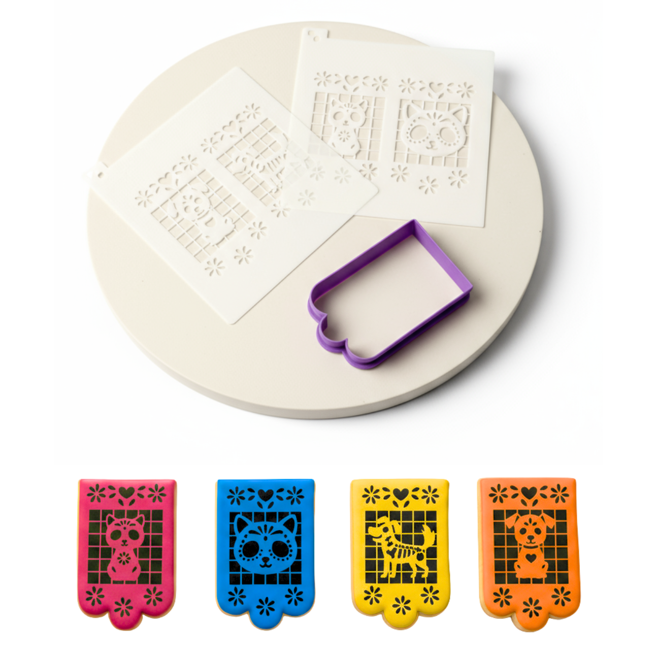 Set Cortador de Galletas con 2 Stencils Papel Picado Mascotas 🎨🐾🍪