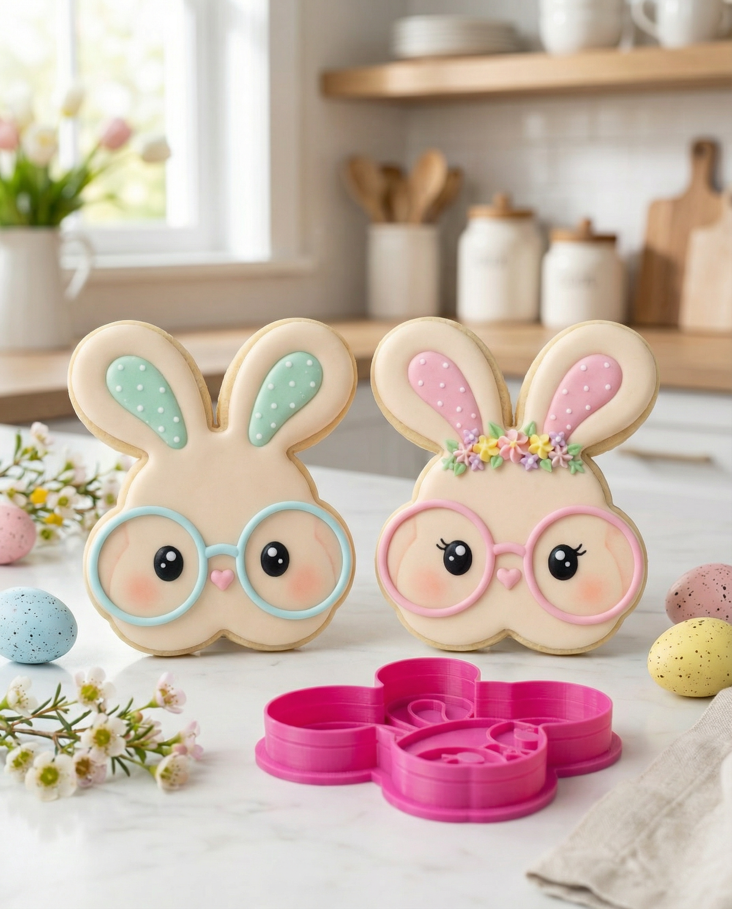 Cortador y marcador para galletas - Conejo con lentes, color magenta 🐰🍪🥚