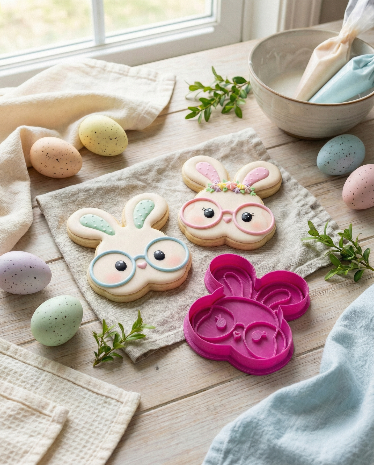 Cortador y marcador para galletas - Conejo con lentes, color magenta 🐰🍪🥚