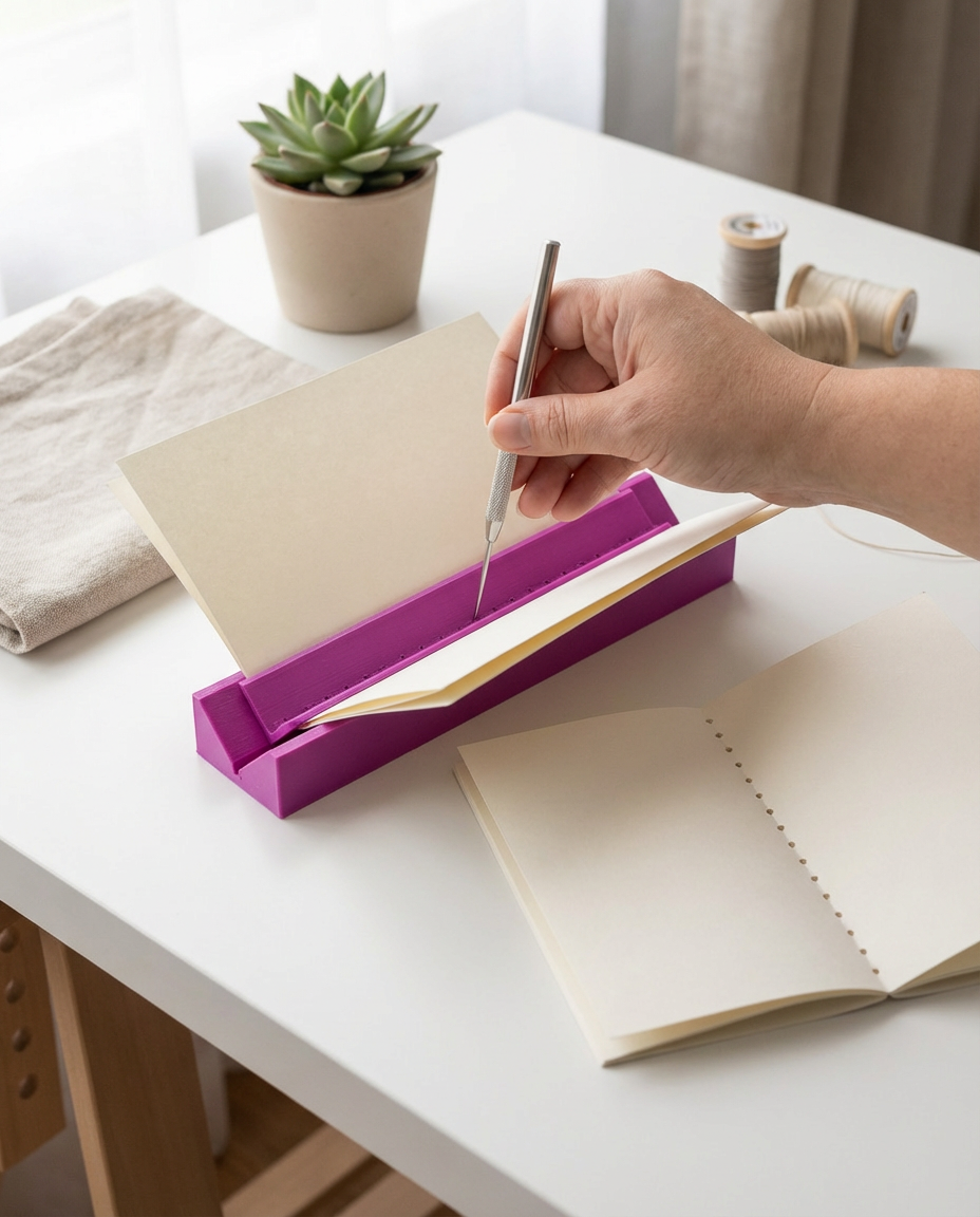 Cuna de perforación para encuadernación con regla y punzón metálico (Magenta) 📏🪡📚