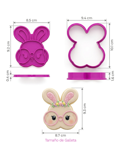 Cortador y marcador para galletas - Conejo con lentes, color magenta 🐰🍪🥚