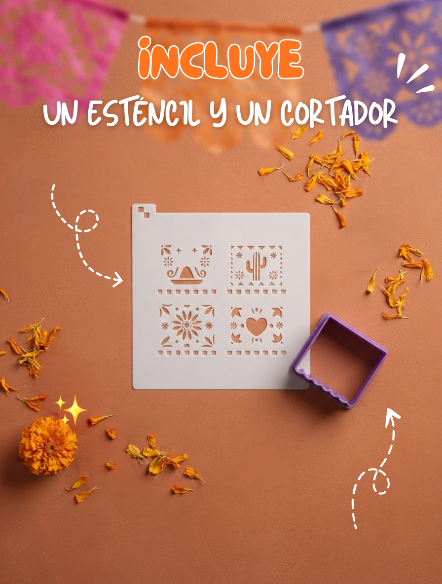 Set de Esténcil + Cortador “Papel Picado MINI” 🎨🍪💀