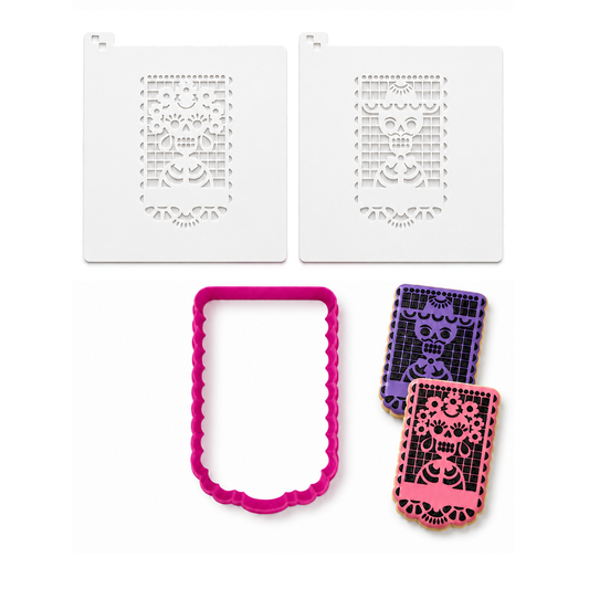 Set Galletas Papel Picado Esténcil Calaveritas Día Muertos Bugambilia