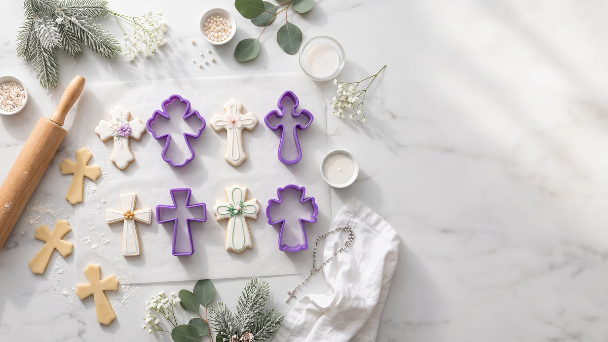 Cortadores de galletas en forma de cruz violeta para Primera Comunión sobre fondo invernal