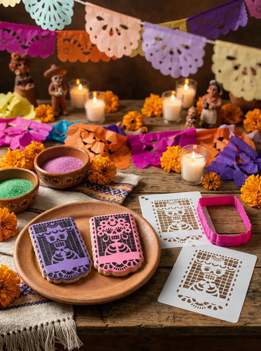 Set Galletas Papel Picado Esténcil Calaveritas Día Muertos Bugambilia