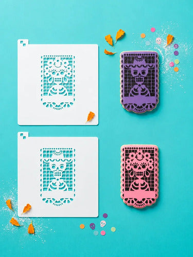 Set Galletas Papel Picado Esténcil Calaveritas Día Muertos Bugambilia