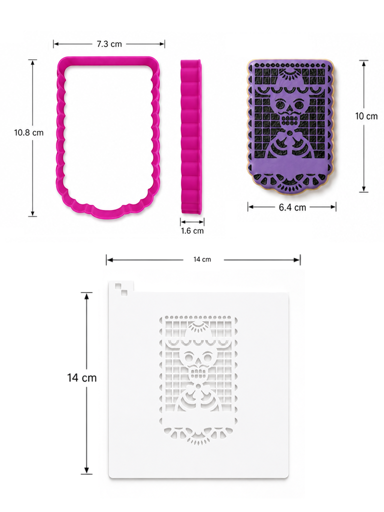 Set Galletas Papel Picado Esténcil Calaveritas Día Muertos Bugambilia