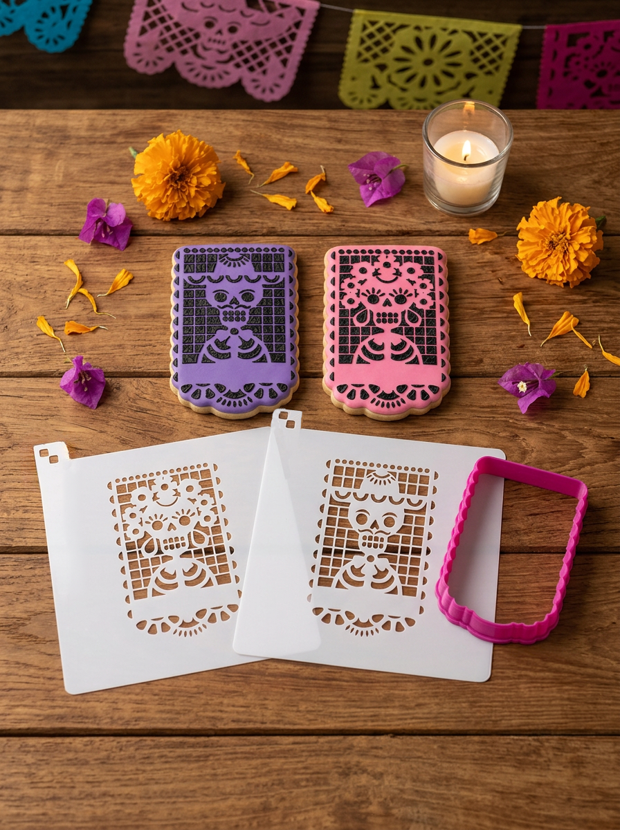 Set Galletas Papel Picado Esténcil Calaveritas Día Muertos Bugambilia