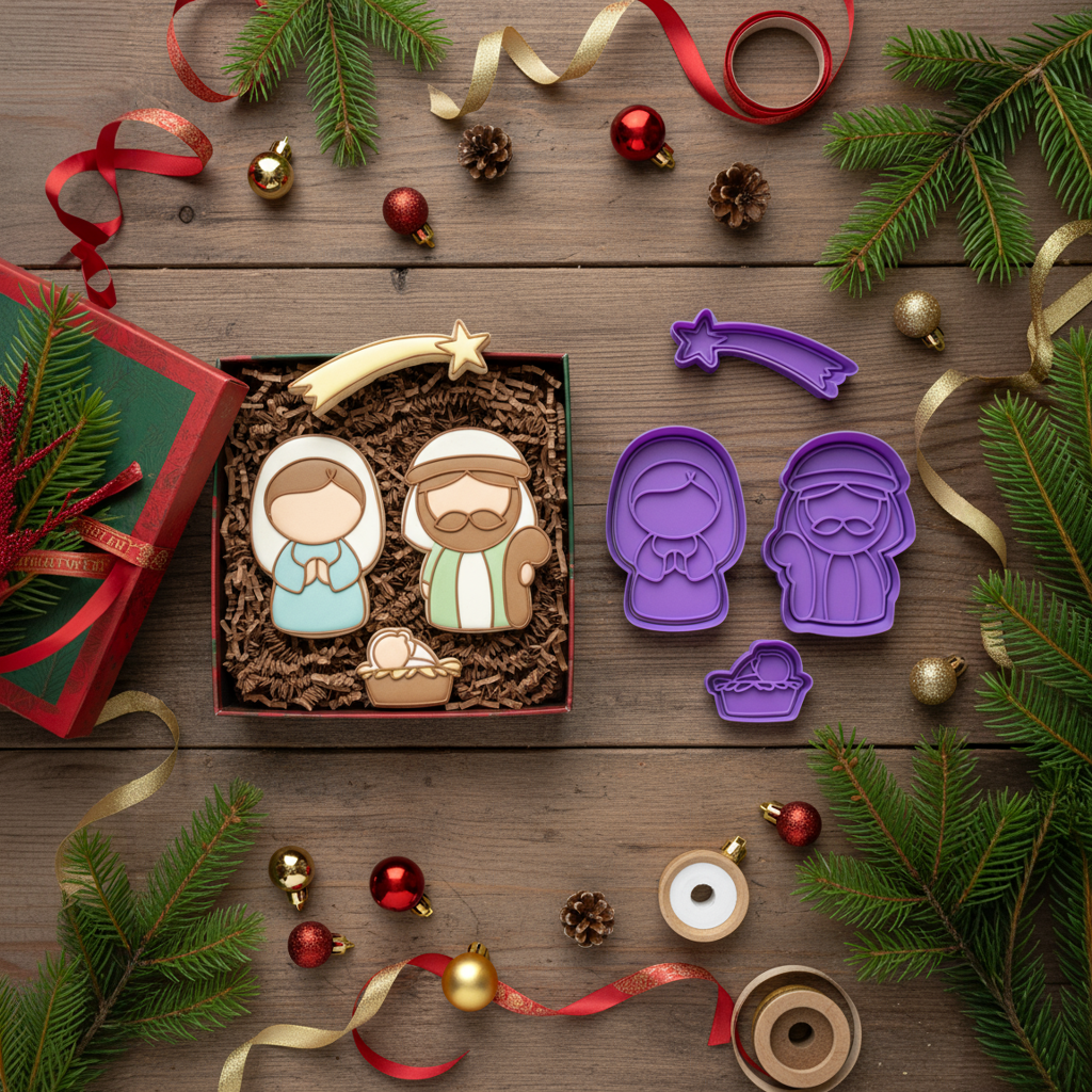 Cortadores De Galletas "Nacimiento" Navidad Con Plantilla